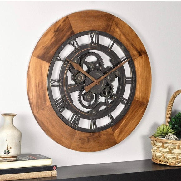Rustic Wood Gear Wall Clock, 19", Aged Brown - Picture 2 of 5